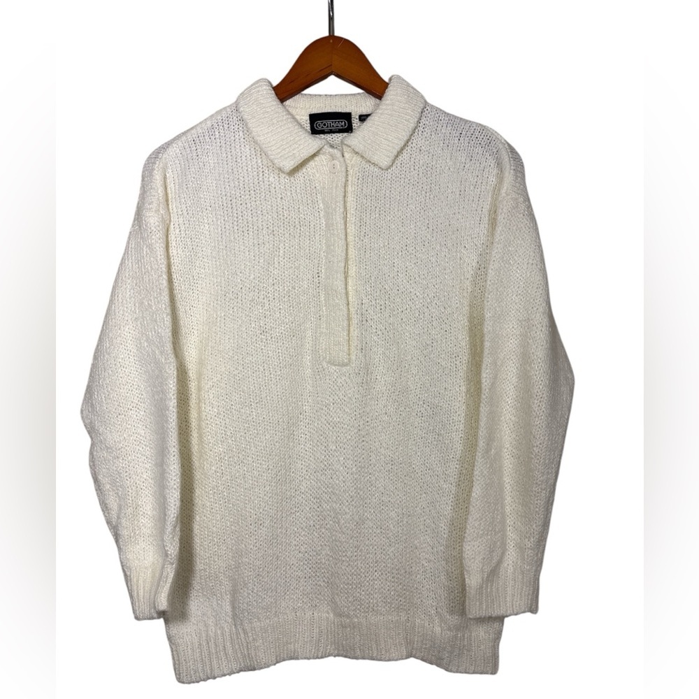 Gotham Classic Vintage Cream Button-Down Collar Sweater in Medium